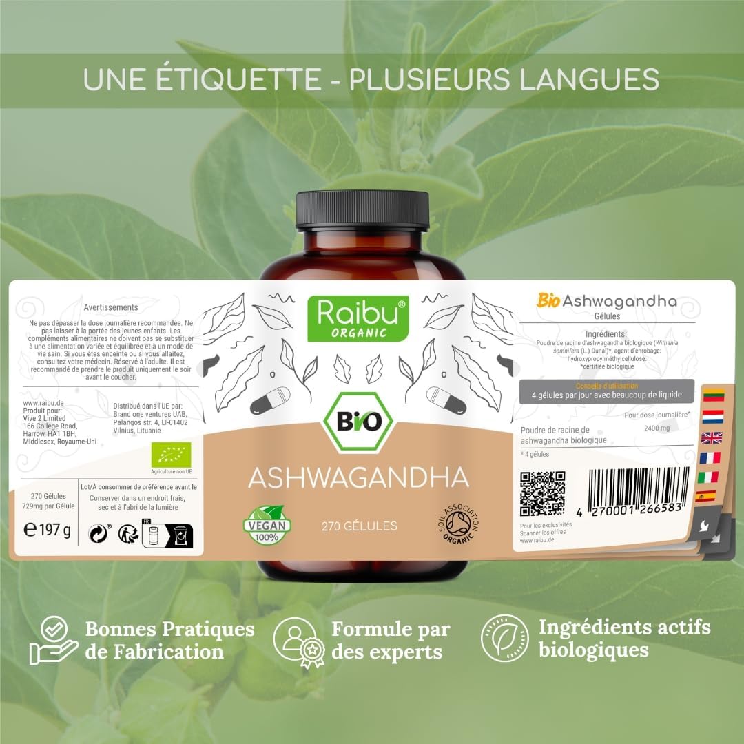 Ashwagandha BIO - 270 Gélules - Extra Fort : 2400 mg/jour - Ashwagandha Biologique Certifiée (Ginseng Indien/Withania Somnifera) - Sans Additifs, Végétalien - Pour votre Bien-être - Raibu