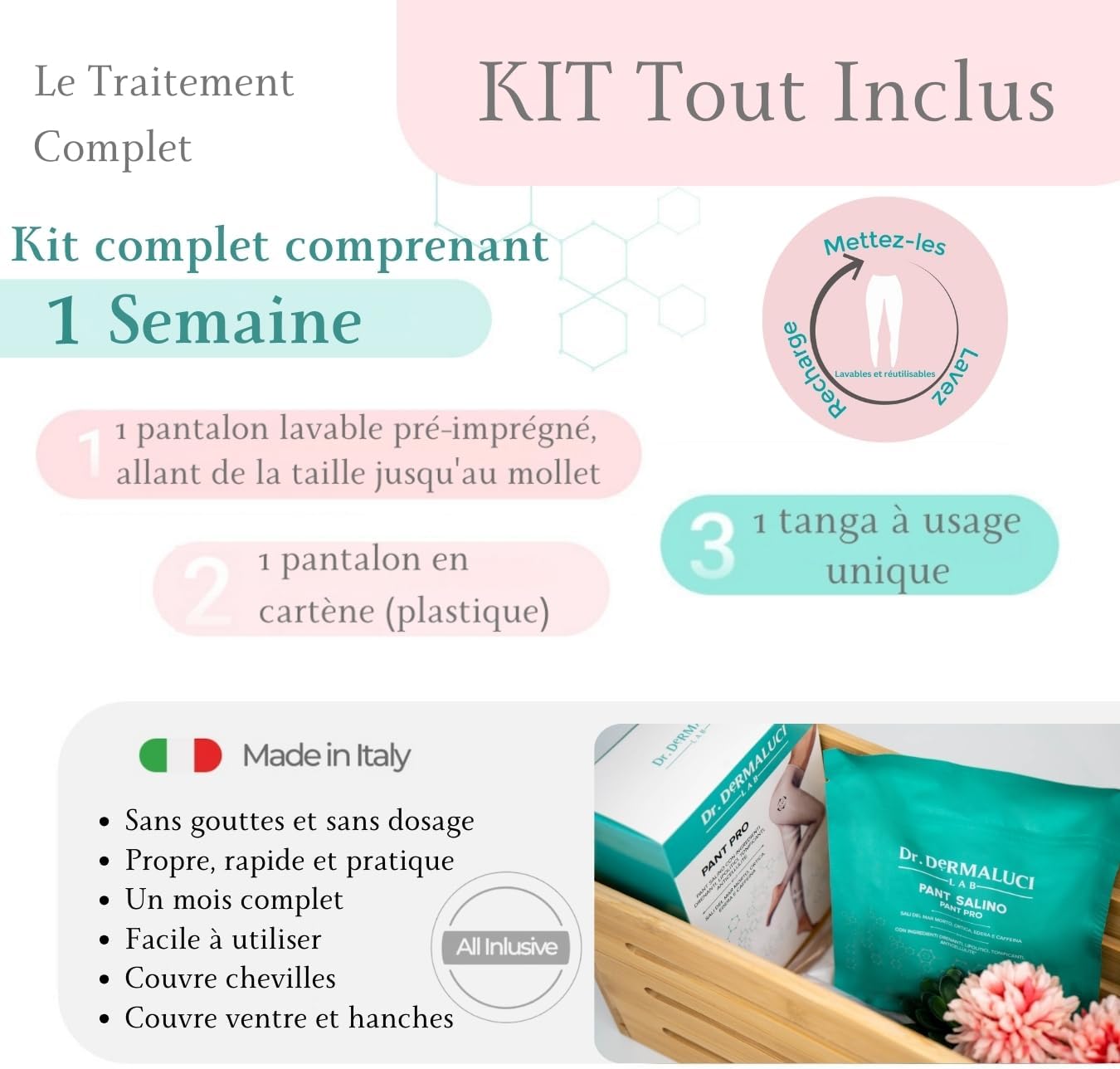 Collant Drainant Anticellulite Pantalon Salin Kit | 1 Application: 1 Pantalon Réutilisable | Sel de Mer Morte/Ortie/Lierre/Cafeina | Ingrédients Naturels | 1 Tanga Jetable + 1 Pantalon en Plastique