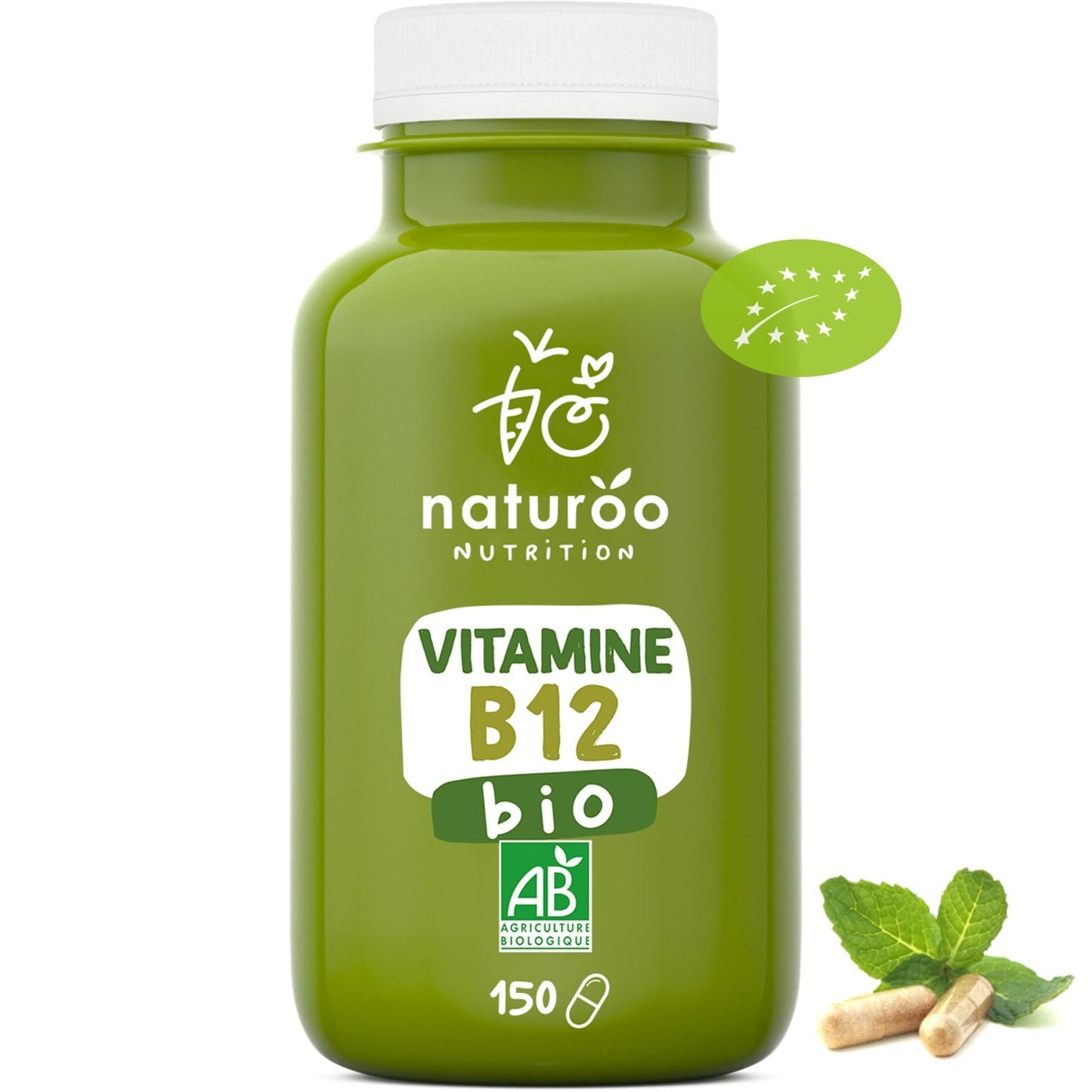 Vitamine B12 Bio | 60 gélules (2 mois) | 100% naturelle et végétale | Premium & Vegan | vitamin B 12 à 25 µg (1000% des AJR) | Extraits de Shiitake et fibre d'acacia bio | B-12 pour Hommes et Femmes