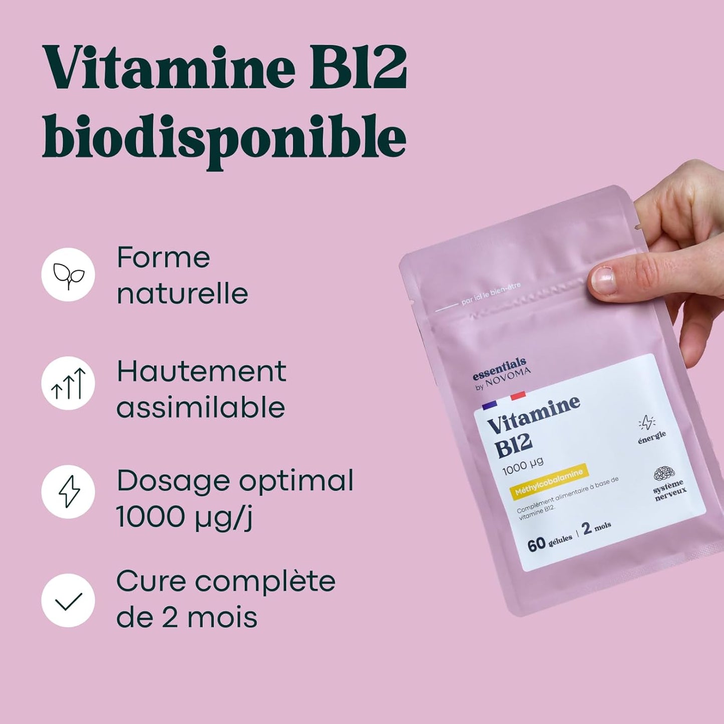 Vitamine B12 1000 µg Vegan, Cure de 2 mois, Réduit la Fatigue & Soutient le Système Nerveux, 60 Gélules Végétales, 100% Méthylcobalamine Pure, Fabriqué en France, Essentials by Novoma