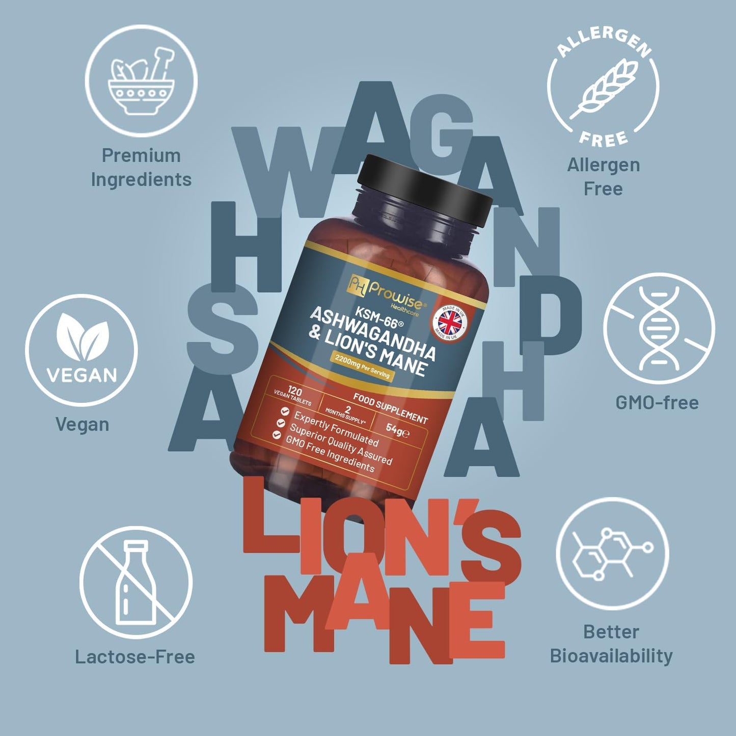 Comprimés KSM-66 Ashwagandha et crinière de lion - Haute concentration 2200 mg | Extrait de racine d'Ashwagandha KSM-66 et extrait de champignon crinière de lion - 120 comprimés avec poivre noir