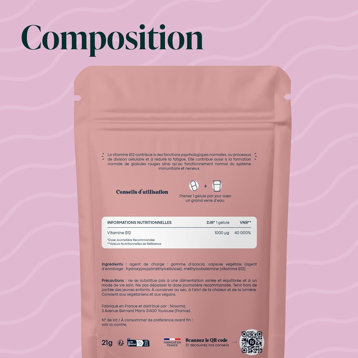 Vitamine B12 1000 µg Vegan, Cure de 2 mois, Réduit la Fatigue & Soutient le Système Nerveux, 60 Gélules Végétales, 100% Méthylcobalamine Pure, Fabriqué en France, Essentials by Novoma