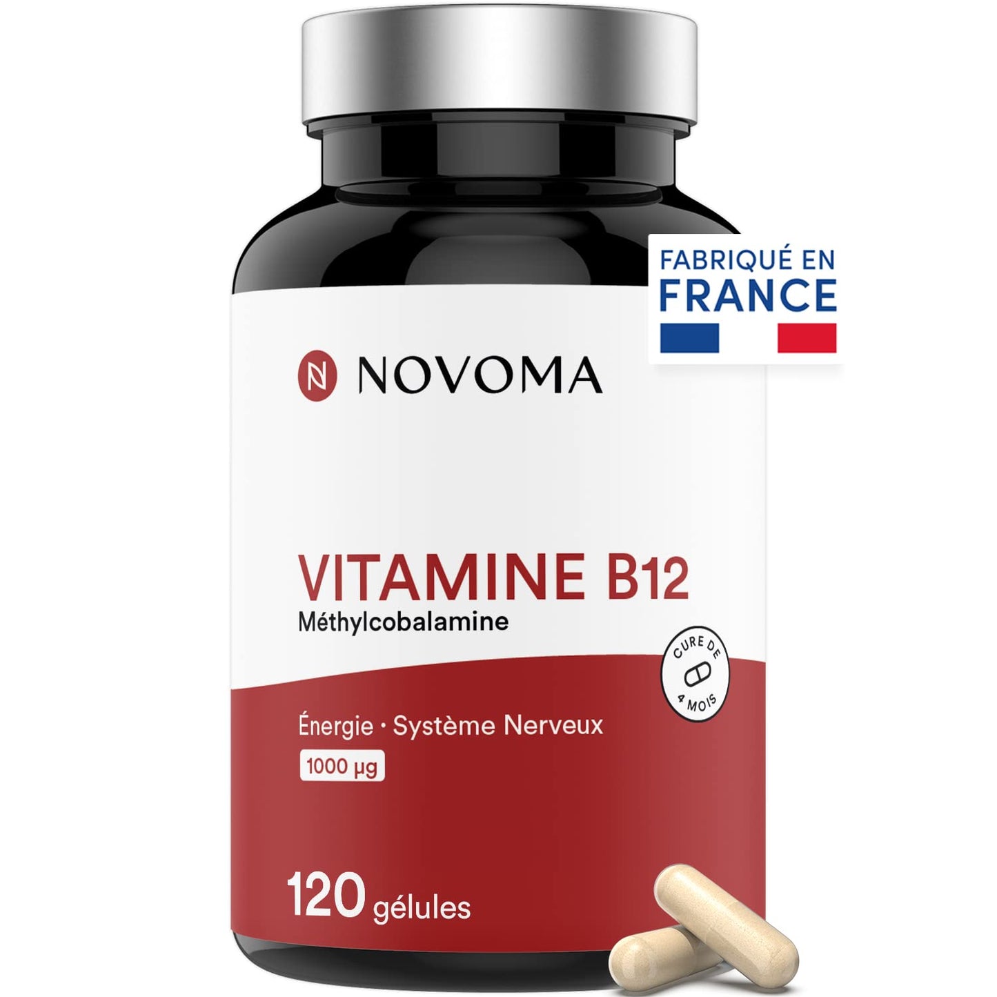 Vitamine B12 1000 µg Vegan, Cure de 2 mois, Réduit la Fatigue & Soutient le Système Nerveux, 60 Gélules Végétales, 100% Méthylcobalamine Pure, Fabriqué en France, Essentials by Novoma
