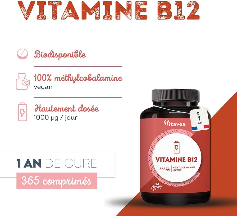 Vitamine B12, 1 000 µg - Vegan & Végétarien - Méthylcobalamine Pure & Biodisponible - Haut dosage & haute assimilation - 1 an - Immunité, Fatigue et Equilibre Nerveux - Fabriqué en France - Vitavea