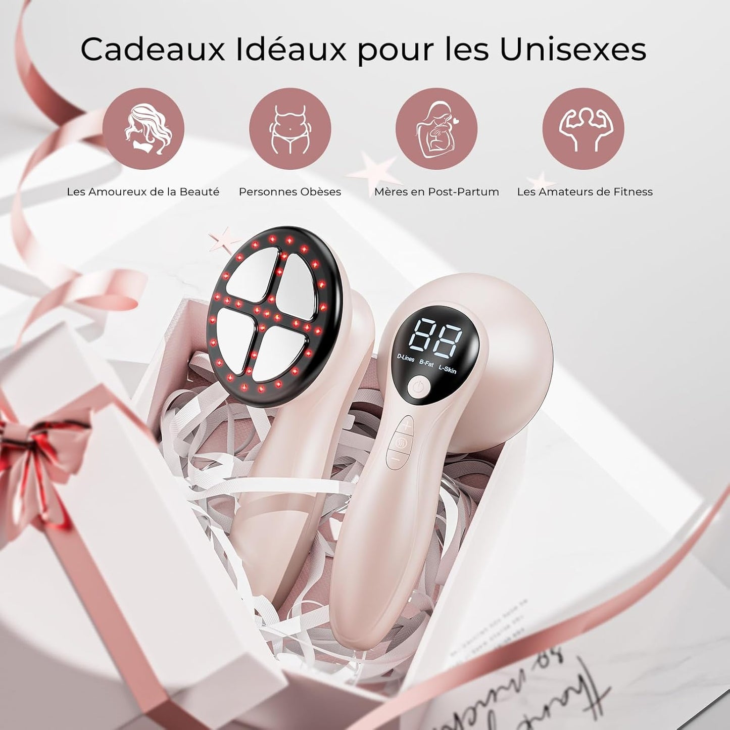 Depsoul Appareil de Massage Masseur Anti Cellulite, 4 Têtes de Multifonctionnel Anti Cellulite pour la Taille, le Ventre, Fesses, Bras, Unisexe, Lifte, Resserre et Masse la Peau (Rose)