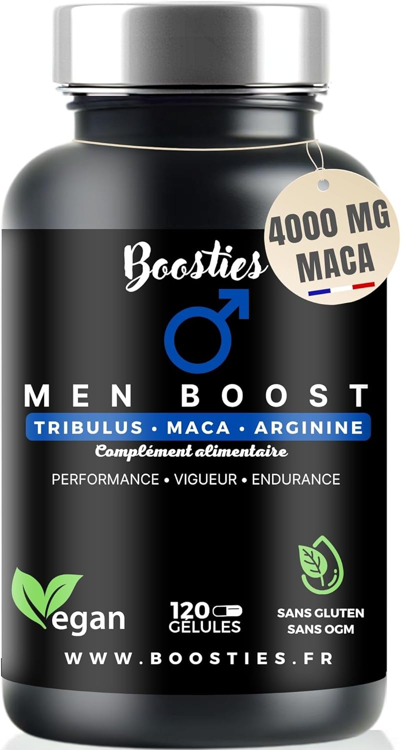 Maca noire, 4000 mg extra-fort, Tribulus terrestris, Arginine, Citrulline, Zinc, vitamin B12, Cuivre, Sélénium, Performance, Endurance, Vigueur, 120 gélules, Boosties