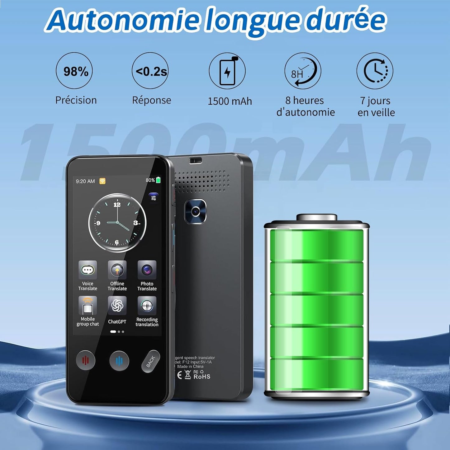 Appareil de Traduction Langue, Traducteur AI Intelligent de 143 Langues avec,Traduction Hors Ligne et Traduction Bidirectionnelle Instantanée,apprendre les cadeaux d'affaires de voyage
