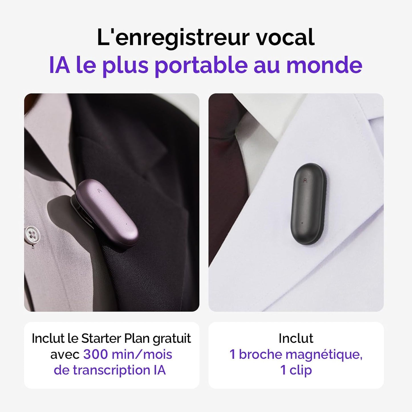 PLAUD NotePin Enregistreur Vocal IA, Contrôle par Application, Prise de Notes IA, Transcription & résumé IA, Compatible avec 112 Langues, Mémoire 64 Go, Enregistreur Audio pour Cours, Réunions, Gris