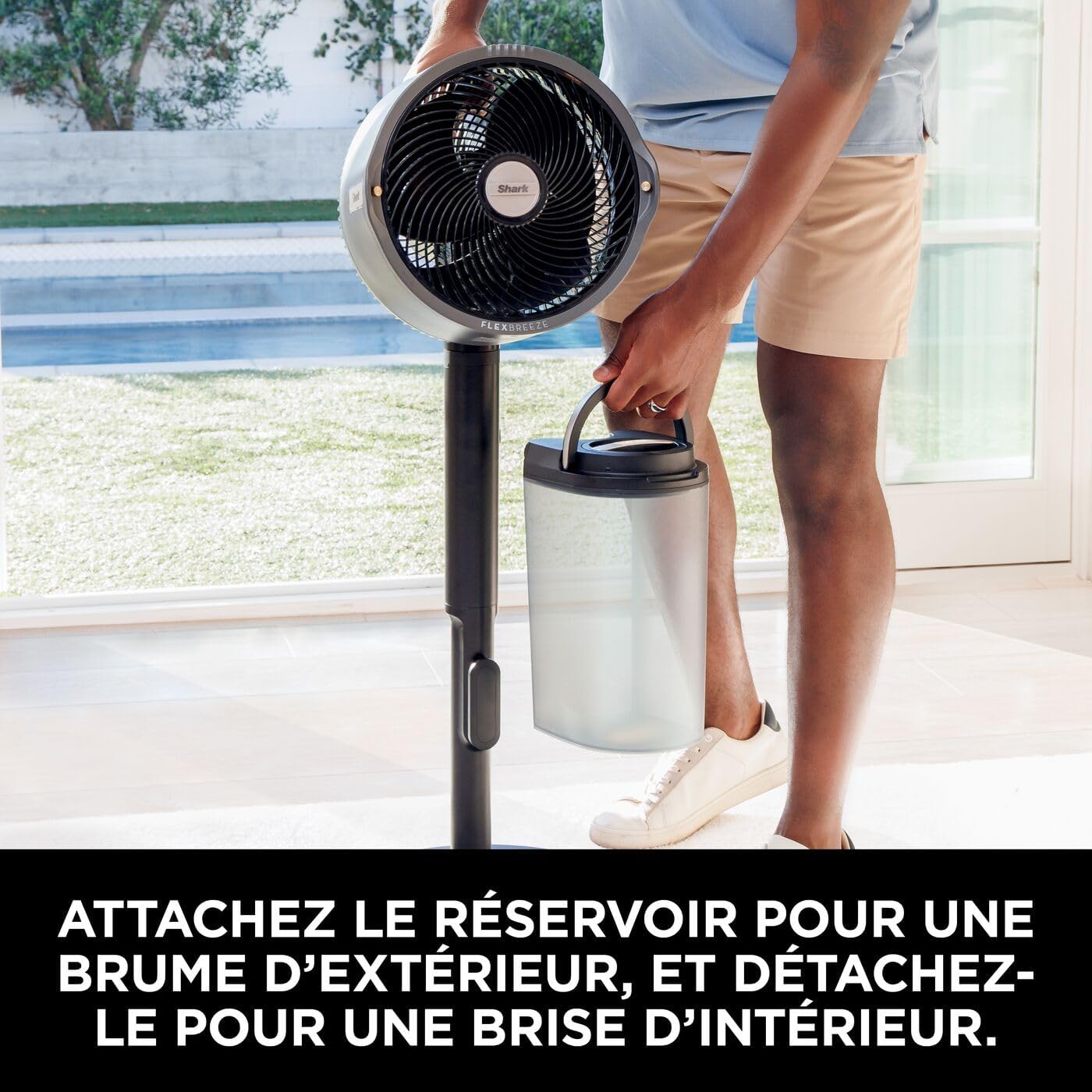 Shark FlexBreeze Pro Mist Ventilateur intérieur/extérieur sans fil, Brumisateur portable, Portée 20 m, Sur pied ou de table, 5 vitesses, Silencieux, Télécommande, Gris Charbon FA300EU