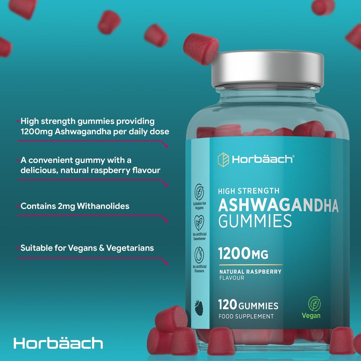 Ashwagandha Gummies 1200mg | 120 Vegan Gummies Saveur Framboise | pour 2 Mois | Extrait Ashwagandha Withania Somnifera | par Horbaach