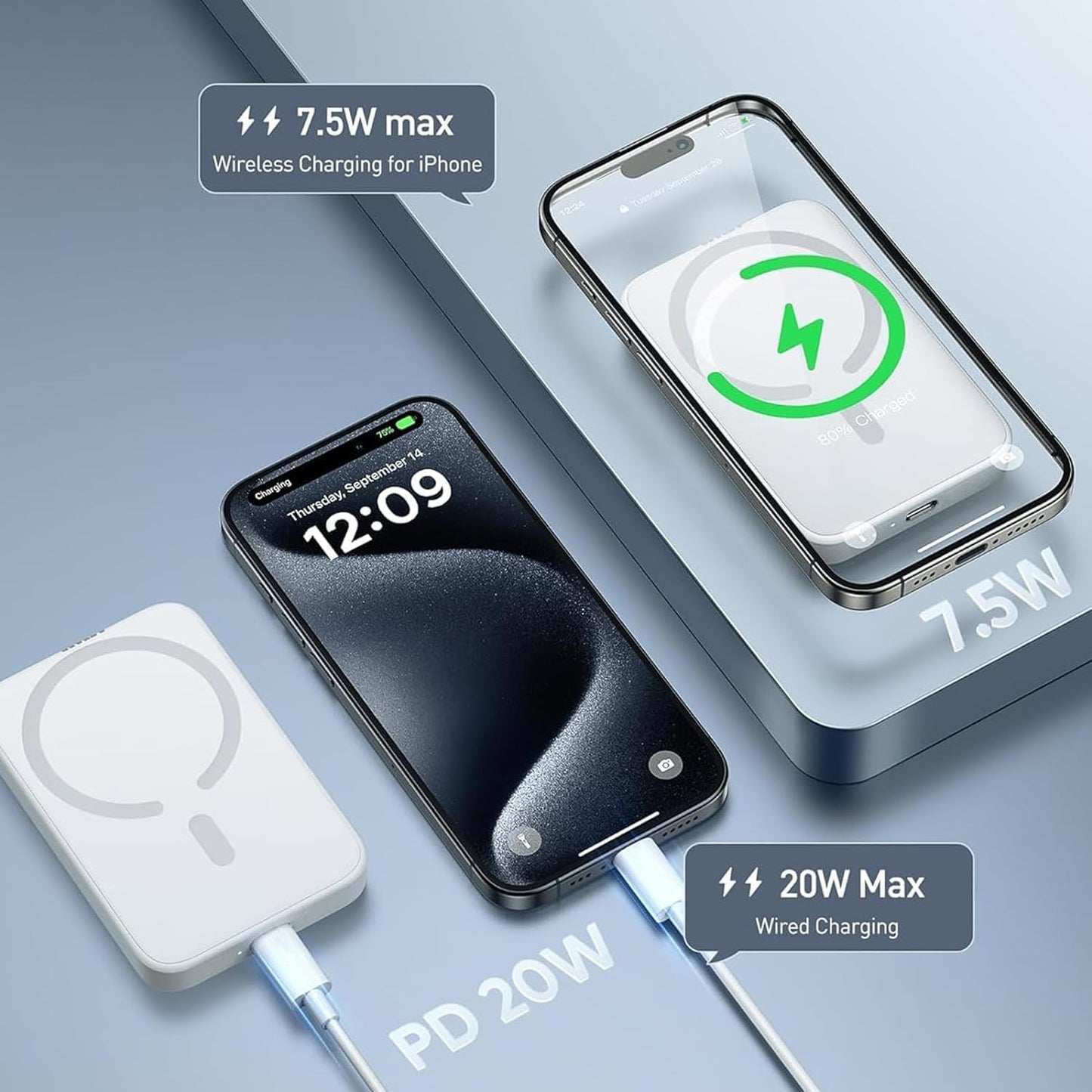 Batterie Externe Magnétique Power Bank sans Fil 5000mAh, PD 20W Charge Rapide Power Bank avec USB-C Entrée Chargeur Portable Compatible iPhone 16/15/14/13/12/Pro/Pro Max (Blanc)