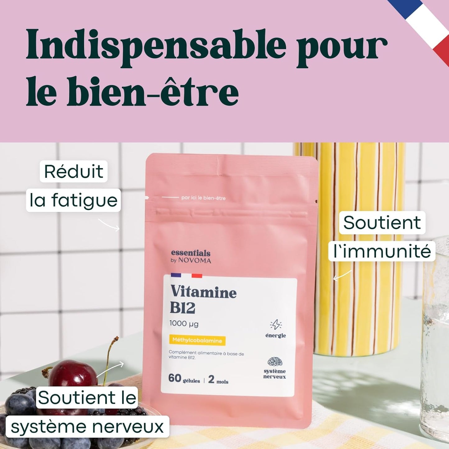 Vitamine B12 1000 µg Vegan, Cure de 2 mois, Réduit la Fatigue & Soutient le Système Nerveux, 60 Gélules Végétales, 100% Méthylcobalamine Pure, Fabriqué en France, Essentials by Novoma