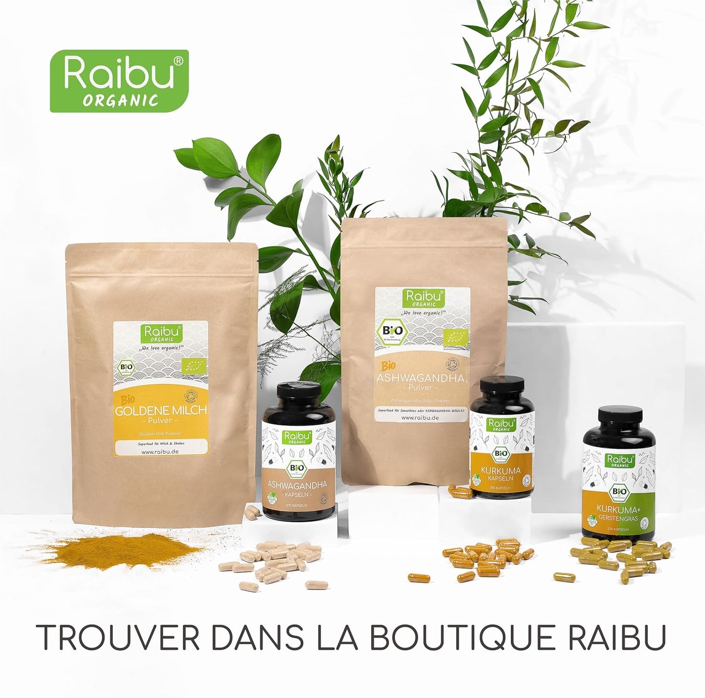 Ashwagandha BIO - 270 Gélules - Extra Fort : 2400 mg/jour - Ashwagandha Biologique Certifiée (Ginseng Indien/Withania Somnifera) - Sans Additifs, Végétalien - Pour votre Bien-être - Raibu