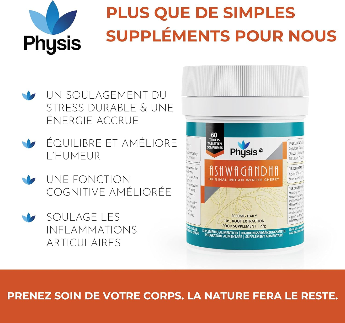 Comprimés Physis Ashwagandha | 60 comprimés | 2000mg haute résistance | Supplément d'extrait de racine Ashwagandha Pure KSM 66 | Soutient le corps et la cognition | Végétalien