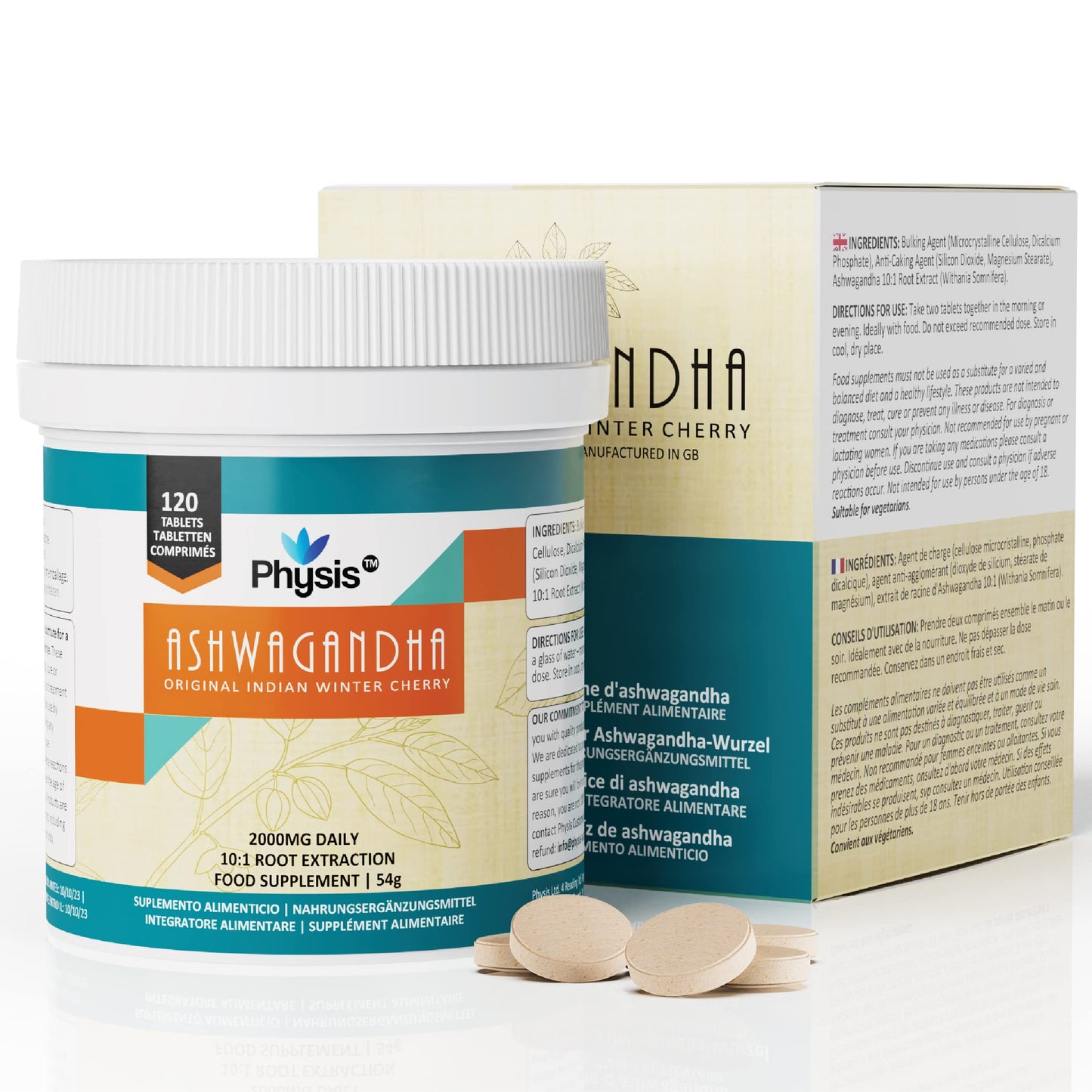 Comprimés Physis Ashwagandha | 60 comprimés | 2000mg haute résistance | Supplément d'extrait de racine Ashwagandha Pure KSM 66 | Soutient le corps et la cognition | Végétalien