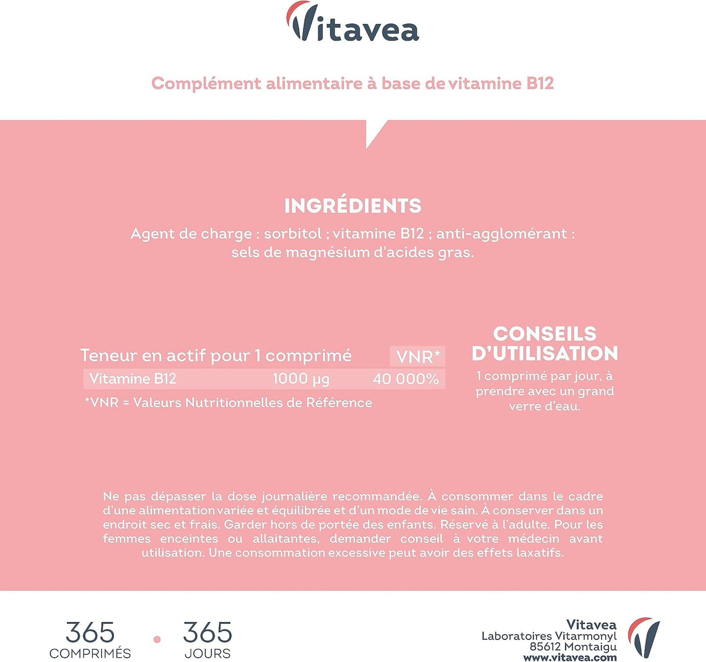 Vitamine B12, 1 000 µg - Vegan & Végétarien - Méthylcobalamine Pure & Biodisponible - Haut dosage & haute assimilation - 1 an - Immunité, Fatigue et Equilibre Nerveux - Fabriqué en France - Vitavea