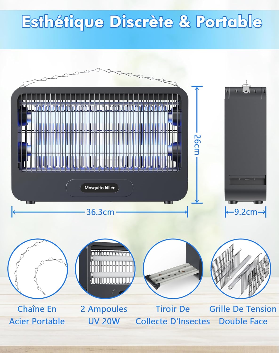 Lampe Anti Moustique, Tue Mouche Électrique 20W 3500V, Piège Moustique avec Chaîne Métallique, Sécurisé, Éco-Énergétique et Silencieuse, pour Intérieur et Extérieur (100m²)