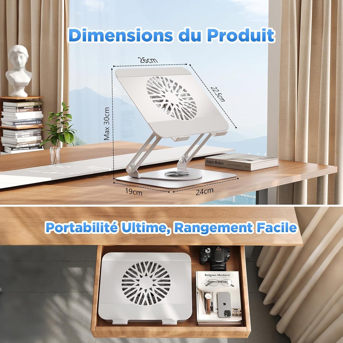 ICARE Support Ordinateur Portable avec Ventilateur PC Portable Magnétique RGB, Rotation 360°, Capacité de Charge de 10 KG et 18dB de Silence, Support pour Laptops/Tablettes Jusqu'à 17,3”