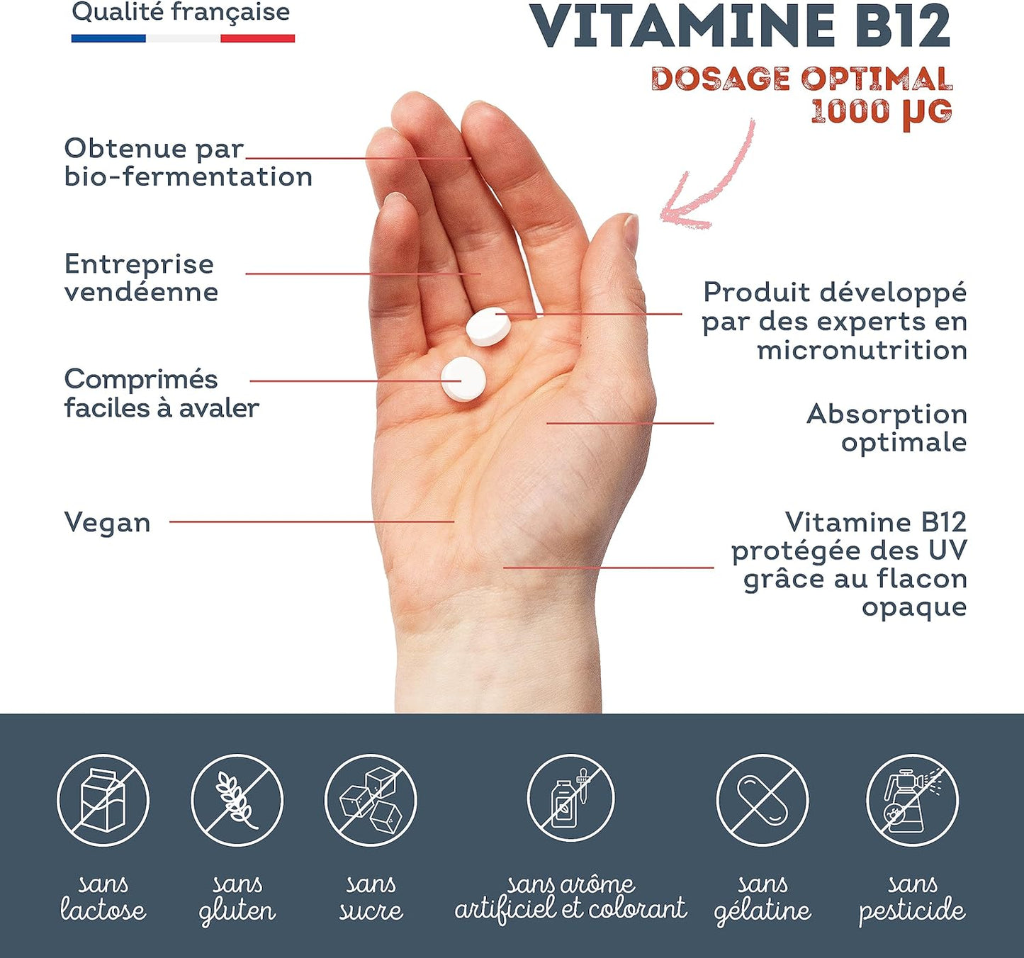 Vitamine B12, 1 000 µg - Vegan & Végétarien - Méthylcobalamine Pure & Biodisponible - Haut dosage & haute assimilation - 1 an - Immunité, Fatigue et Equilibre Nerveux - Fabriqué en France - Vitavea