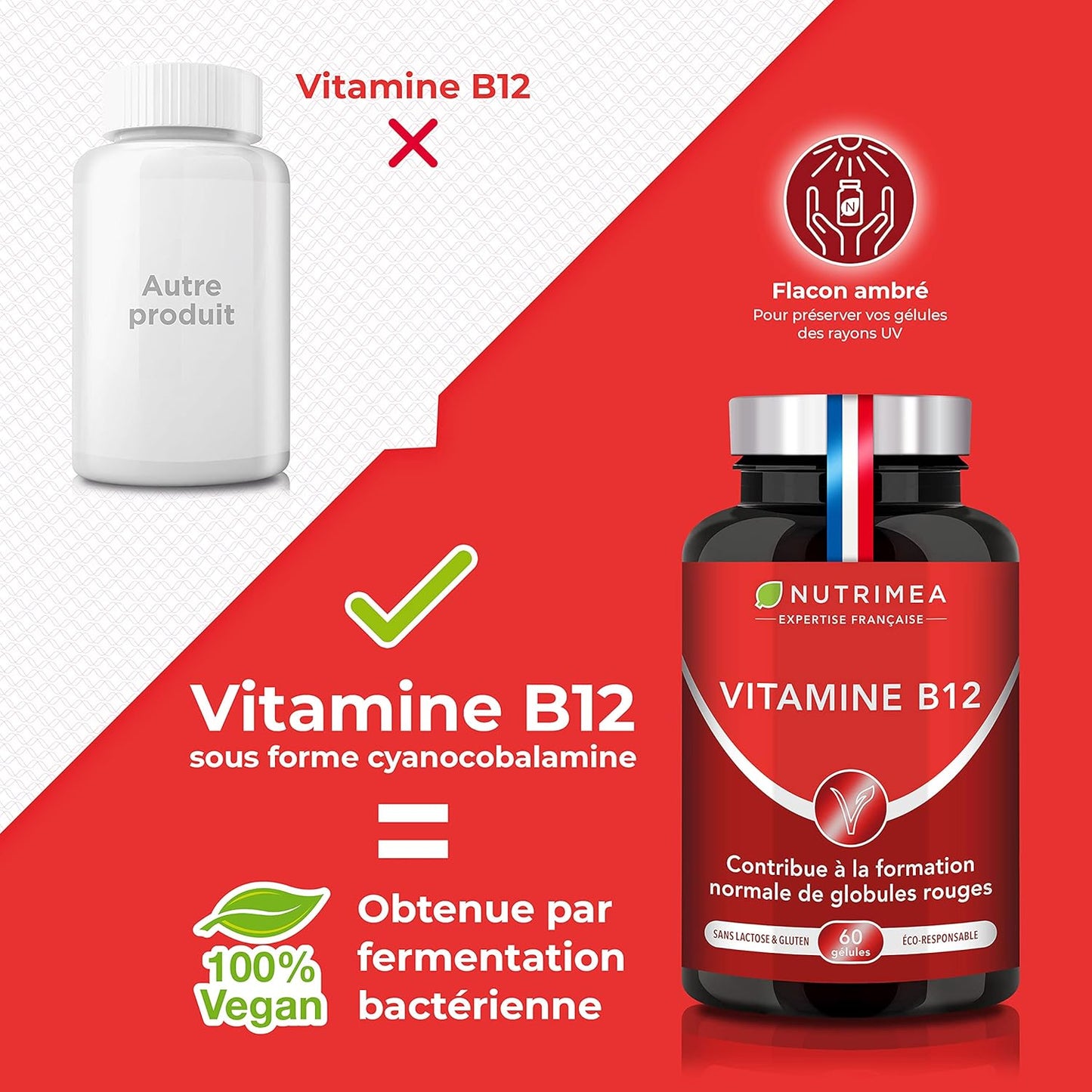 Vitamine B12 Pure - Adapté aux Végétariens et Vegan - 1000 µg de Cyanocobalamine - Fonctions Vitales, Système Nerveux & Immunité - 60 Gélules - Nutrimea - Fabrication Française