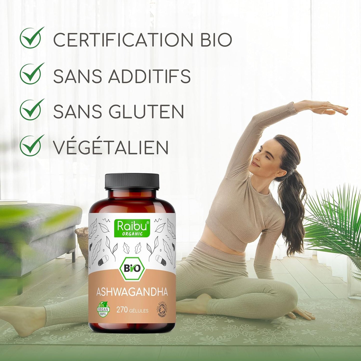Ashwagandha BIO - 270 Gélules - Extra Fort : 2400 mg/jour - Ashwagandha Biologique Certifiée (Ginseng Indien/Withania Somnifera) - Sans Additifs, Végétalien - Pour votre Bien-être - Raibu