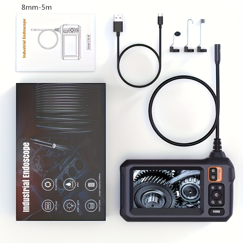 Industrial Endoscope, 8mm  Digital Borescope Inspection Camera 4.3 Inch IPS LCD Screen IP67 Waterproof Snake Camera With 8 LED Lights, 1/5/10m Semi-Rigid Cable, Auto Repair Plumbing House Auxiliary Inspection