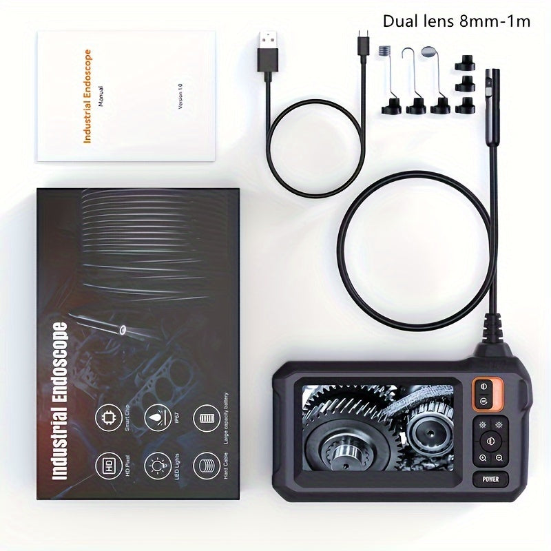 Industrial Endoscope, 8mm  Digital Borescope Inspection Camera 4.3 Inch IPS LCD Screen IP67 Waterproof Snake Camera With 8 LED Lights, 1/5/10m Semi-Rigid Cable, Auto Repair Plumbing House Auxiliary Inspection
