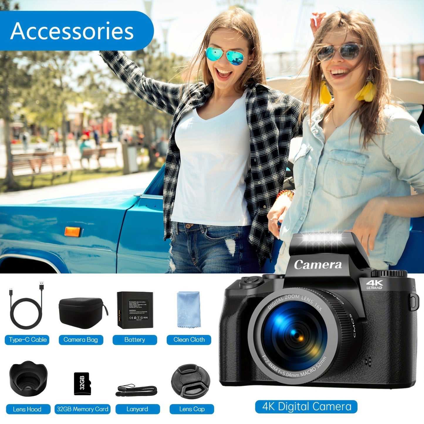 64MP 4K Vlogging Camera Pro - Dual Cameras, 16x Digital Zoom, WiFi, Touch Screen, 32GB SD Card, Camera Bag - High-Definition Photography and Video Recording Companion