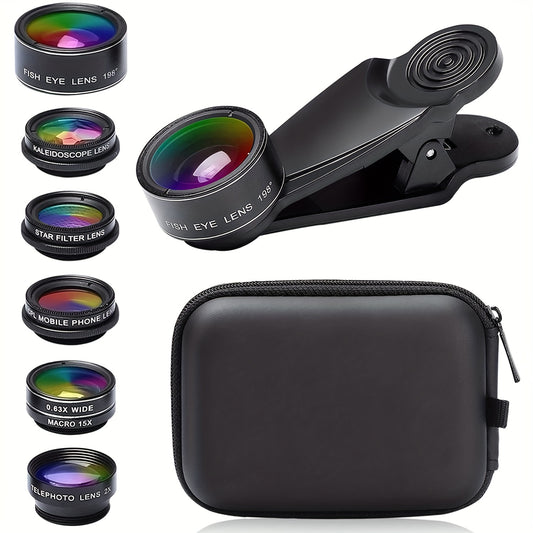 7-in-1 Professional Phone Camera Lens Kit - Capture Breathtaking Moments with 198° Fisheye, 15X Macro, 0.63X Wide Angle, 2X Long Focal, CPL, Kaleidoscope, and Starburst Lenses - Compatible with iPhone 11/12/13 and Samsung/An
