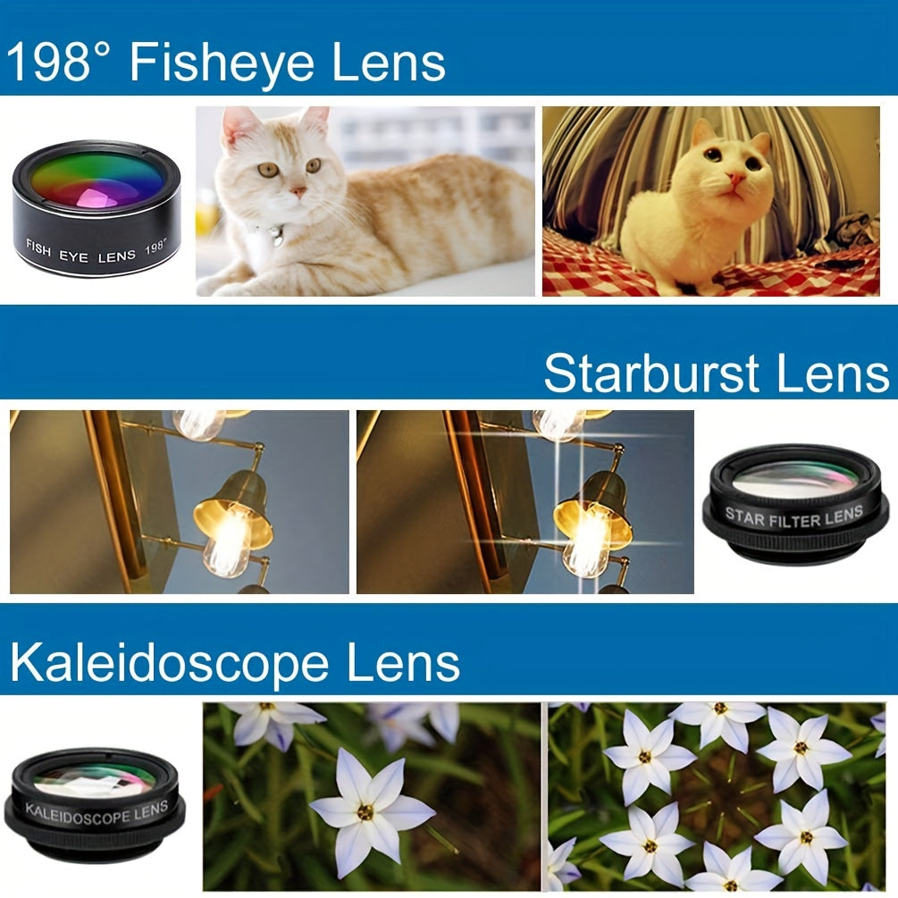 7-in-1 Professional Phone Camera Lens Kit - Capture Breathtaking Moments with 198° Fisheye, 15X Macro, 0.63X Wide Angle, 2X Long Focal, CPL, Kaleidoscope, and Starburst Lenses - Compatible with iPhone 11/12/13 and Samsung/An