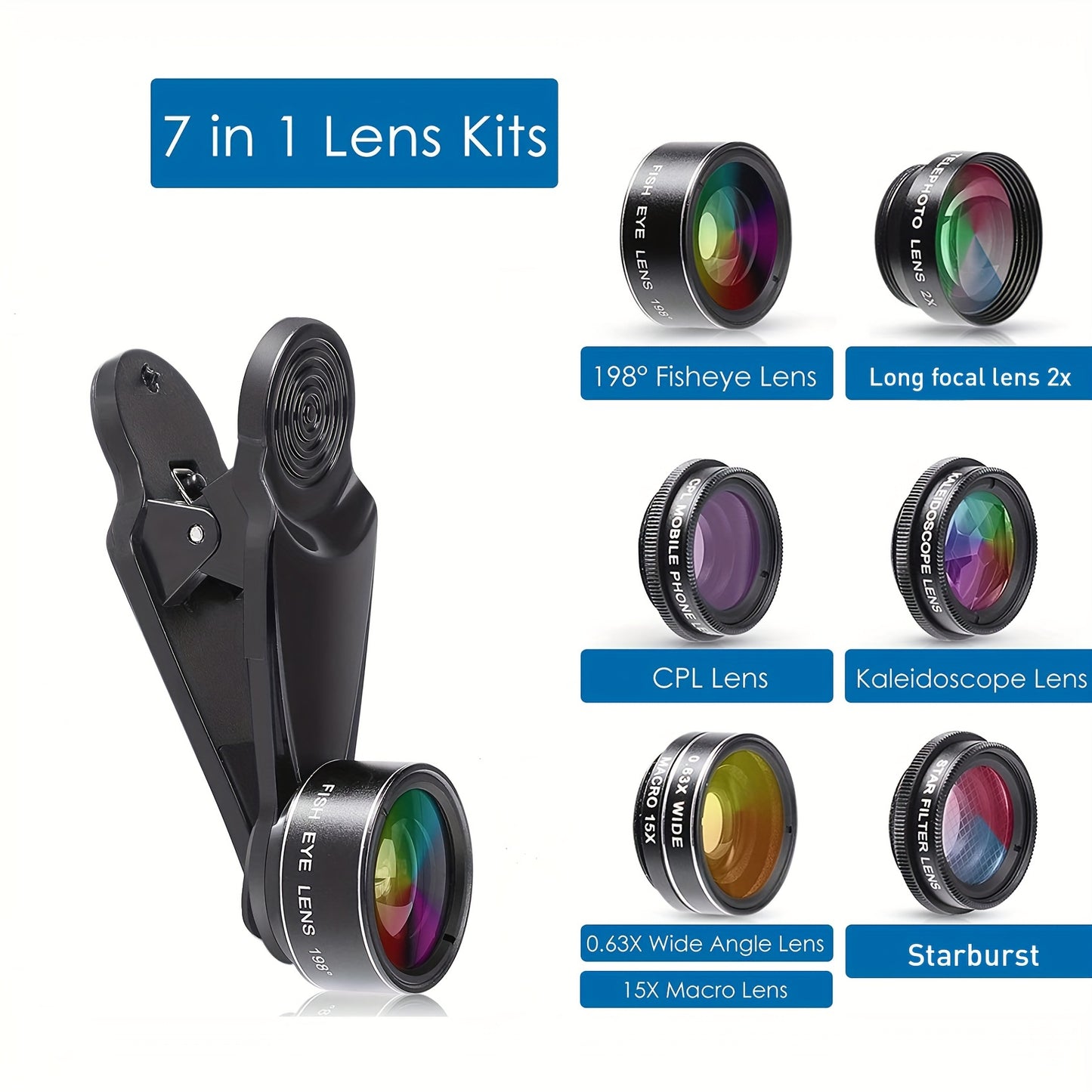 7-in-1 Professional Phone Camera Lens Kit - Capture Breathtaking Moments with 198° Fisheye, 15X Macro, 0.63X Wide Angle, 2X Long Focal, CPL, Kaleidoscope, and Starburst Lenses - Compatible with iPhone 11/12/13 and Samsung/An