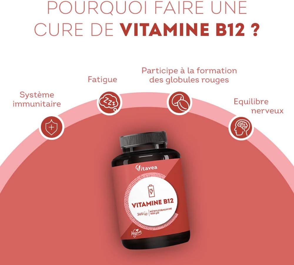 Vitamine B12, 1 000 µg - Vegan & Végétarien - Méthylcobalamine Pure & Biodisponible - Haut dosage & haute assimilation - 1 an - Immunité, Fatigue et Equilibre Nerveux - Fabriqué en France - Vitavea