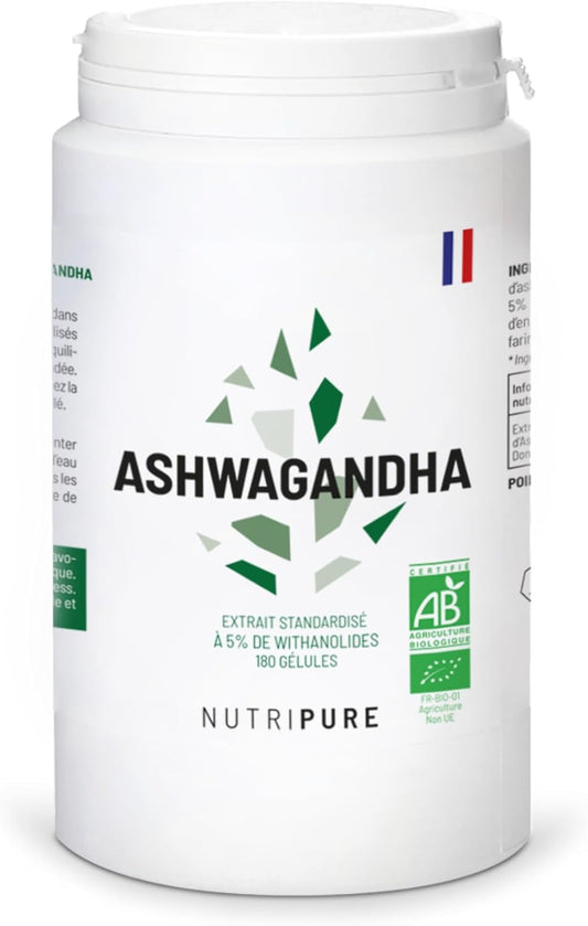 Nutripure | Ashwagandha BIO KSM66® | Plante Adaptogène de l'Ayurvéda | Complément Alimentaire Bien-être Intellectuel et Physique | Stress, Anxiété | 180 gélules Vegan | Cure de 3 Mois | Made in France