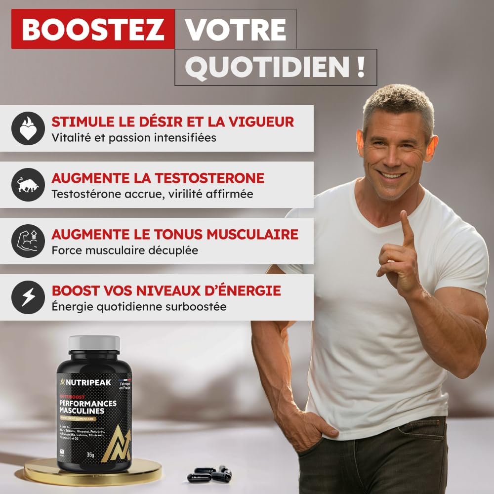 TESTOSTERONE HOMME Concentré pour Performance Masculine | Action COMPLÈTE - 100% Naturel | Tribulus terrestris - Ashwagandha - Fenugrec - Ginseng & Zinc caféiné | Fabriqué en France