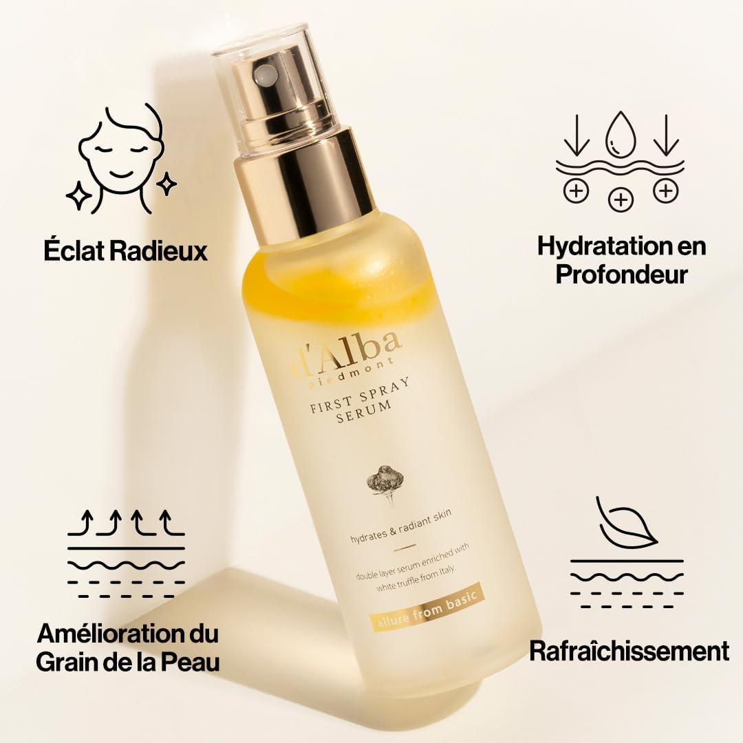d'Alba First Spray Serum Sérum en Spray 100ml à la Truffe Blanche Italienne, Soin Végétalien, Brume Hydratante pour le Peau Radieuse, Sérum éclat, Soin Tout-en-Un