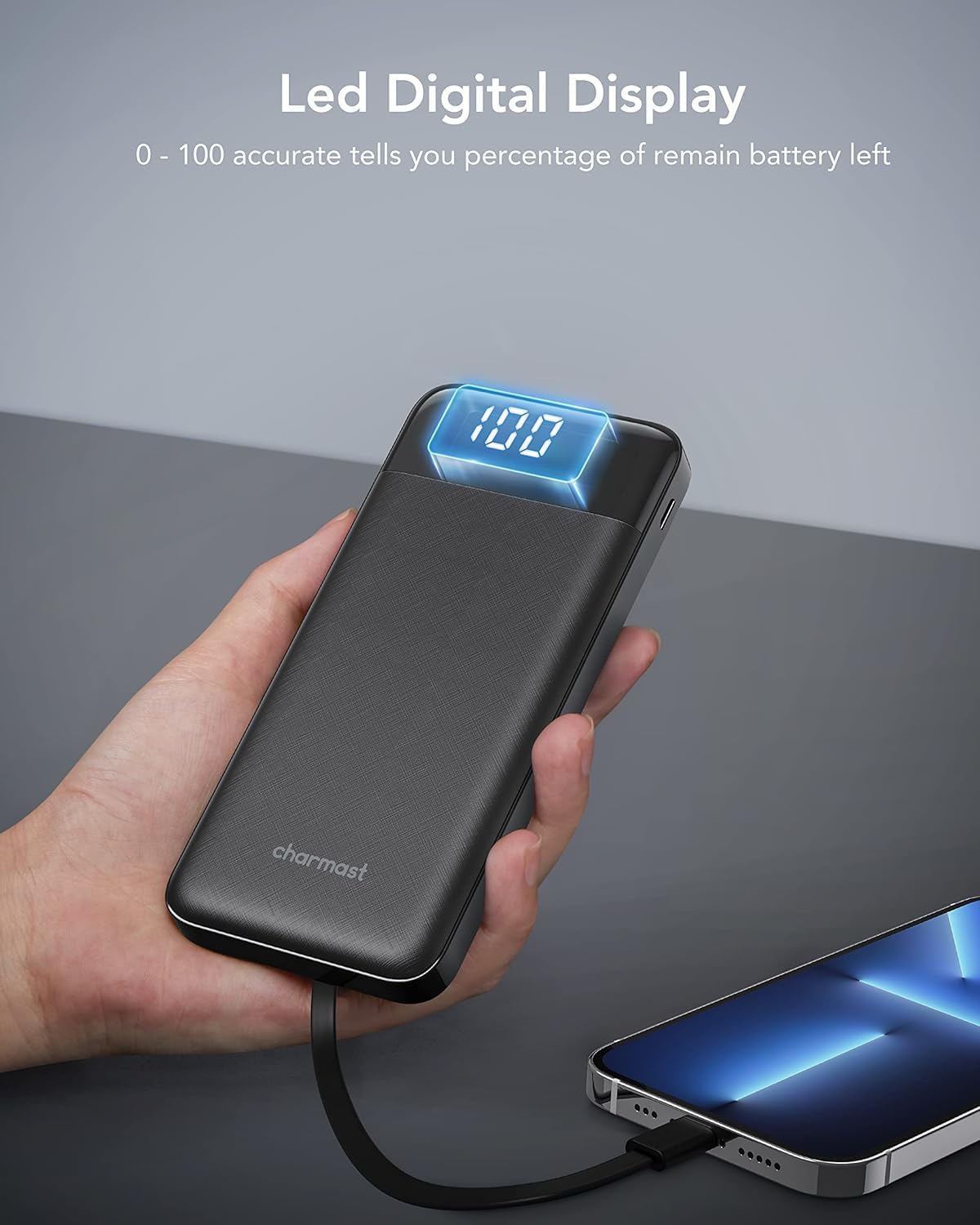 Charmast Batterie Externe 10000mAh avec 4 Câbles Intégrés Batterie Portable USB C Mince Power Bank avec 6 Sorties et 3 Entrées pour iPhone 12 13 11 Samsung S21 S22