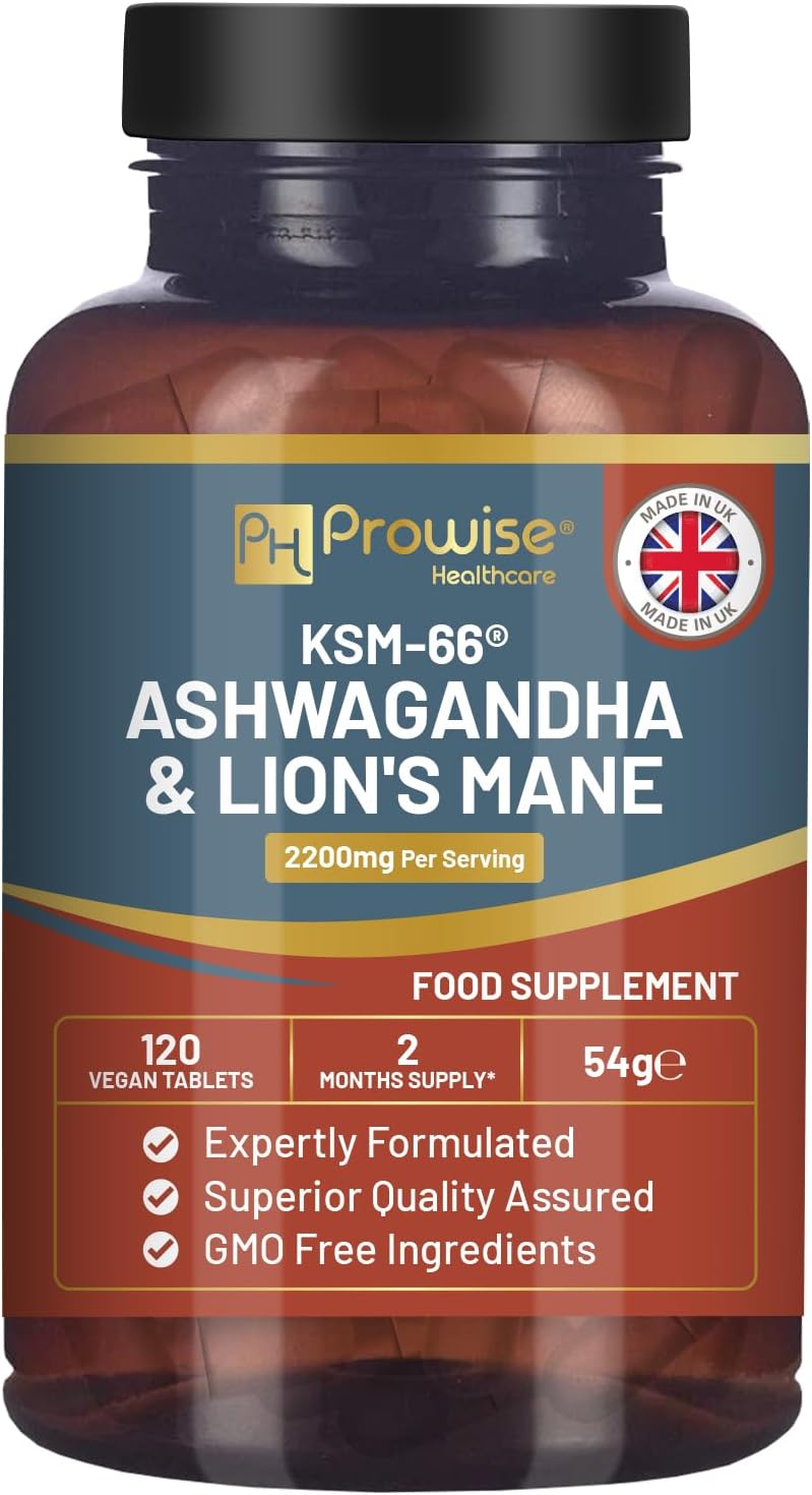 Comprimés KSM-66 Ashwagandha et crinière de lion - Haute concentration 2200 mg | Extrait de racine d'Ashwagandha KSM-66 et extrait de champignon crinière de lion - 120 comprimés avec poivre noir