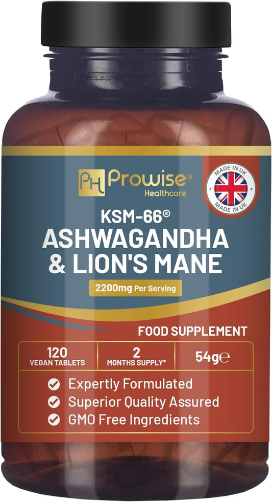 Comprimés KSM-66 Ashwagandha et crinière de lion - Haute concentration 2200 mg | Extrait de racine d'Ashwagandha KSM-66 et extrait de champignon crinière de lion - 120 comprimés avec poivre noir