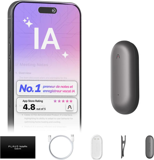PLAUD NotePin Enregistreur Vocal IA, Contrôle par Application, Prise de Notes IA, Transcription & résumé IA, Compatible avec 112 Langues, Mémoire 64 Go, Enregistreur Audio pour Cours, Réunions, Gris