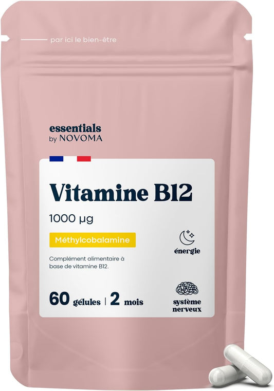 Vitamine B12 1000 µg Vegan, Cure de 2 mois, Réduit la Fatigue & Soutient le Système Nerveux, 60 Gélules Végétales, 100% Méthylcobalamine Pure, Fabriqué en France, Essentials by Novoma