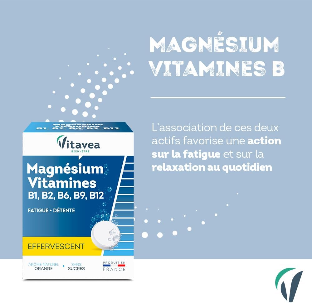 VITAVEA BIEN-ETRE - Magnésium - Vitamines B1. B2. B6. B9. B12 - Réduction de la Fatigue - Détente et Relaxation - 24 Comprimés Effervescents - Fabriqué en France