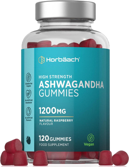 Ashwagandha Gummies 1200mg | 120 Vegan Gummies Saveur Framboise | pour 2 Mois | Extrait Ashwagandha Withania Somnifera | par Horbaach