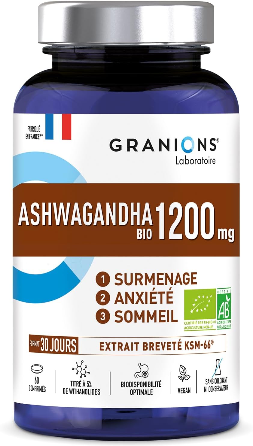 ASHWAGANDHA BIO 1200 MG GRANIONS 30 Jours - Ashwagandha KSM-66 + 5% Withanolides -Ashwagandha Bio Anti Stress Adulte, Sommeil Adulte, Immunité, Vegan - 60 comprimés - Fabriqué en France