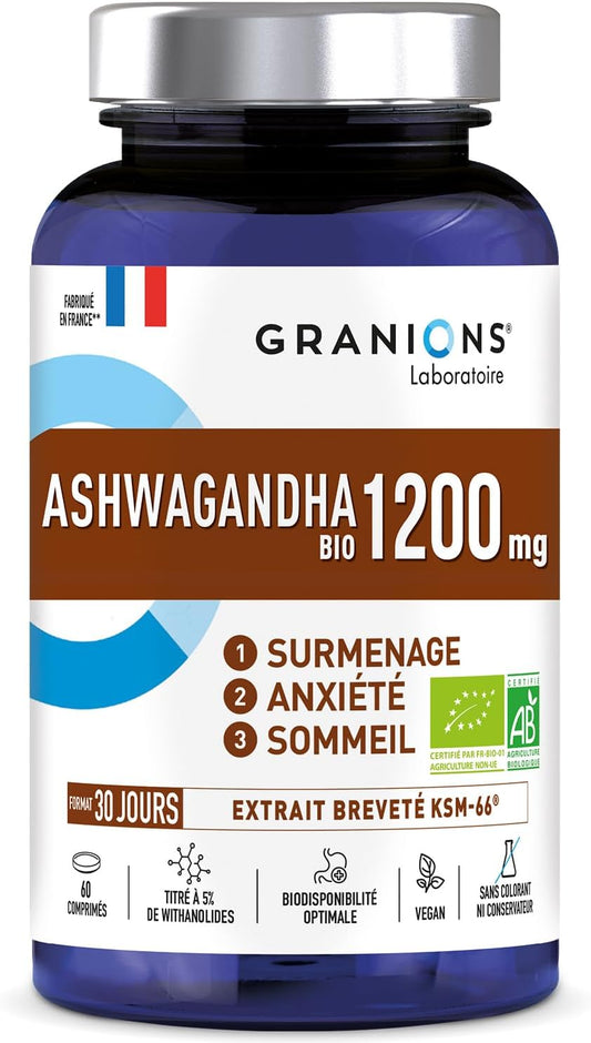 ASHWAGANDHA BIO 1200 MG GRANIONS 30 Jours - Ashwagandha KSM-66 + 5% Withanolides -Ashwagandha Bio Anti Stress Adulte, Sommeil Adulte, Immunité, Vegan - 60 comprimés - Fabriqué en France
