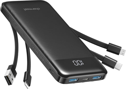 Charmast Batterie Externe 10000mAh avec 4 Câbles Intégrés Batterie Portable USB C Mince Power Bank avec 6 Sorties et 3 Entrées pour iPhone 12 13 11 Samsung S21 S22