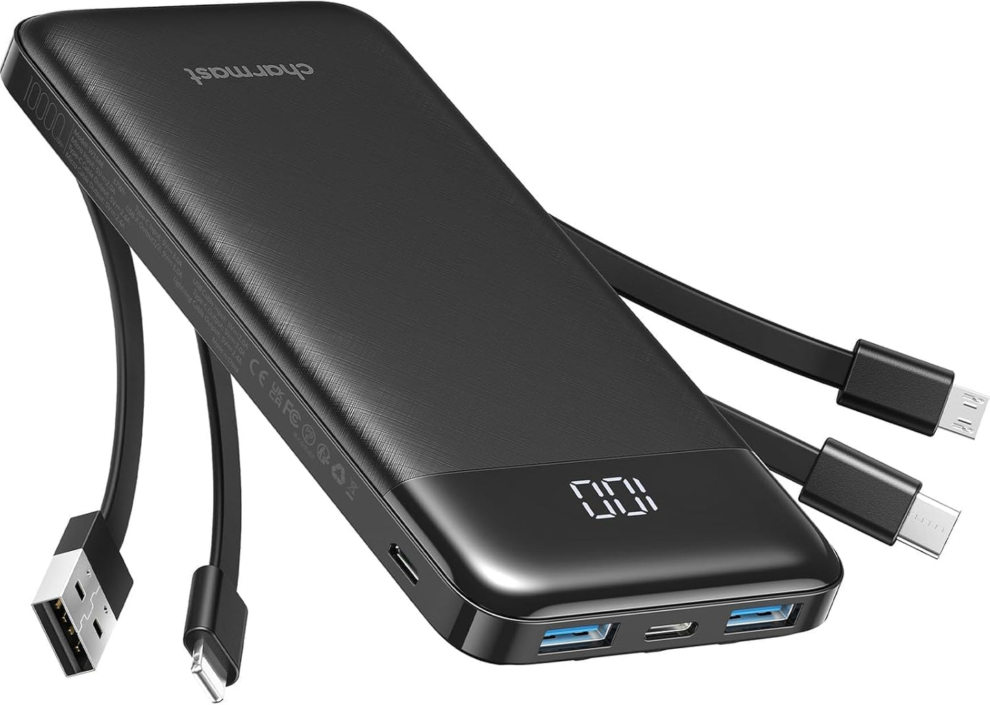 Charmast Batterie Externe 10000mAh avec 4 Câbles Intégrés Batterie Portable USB C Mince Power Bank avec 6 Sorties et 3 Entrées pour iPhone 12 13 11 Samsung S21 S22