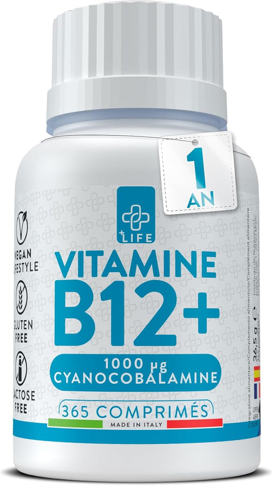 Vitamine B12 Vegan 1000mcg, 1 Par Jour PiùLife, B12 Vitamine B Cyanocobalamine, Complement Alimentaire Fatigue, Energie, Système Immunitaire, 365 Comprimés