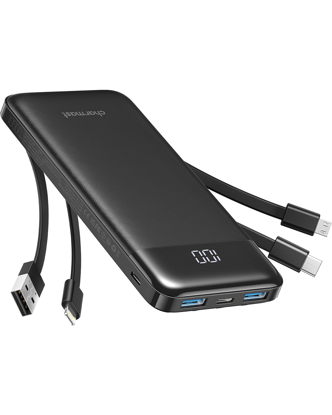 Charmast Batterie Externe 10000mAh avec 4 Câbles Intégrés Batterie Portable USB C Mince Power Bank avec 6 Sorties et 3 Entrées pour iPhone 12 13 11 Samsung S21 S22