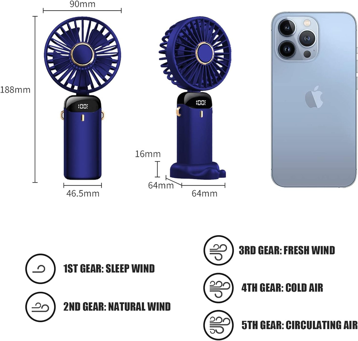 Jsdoin Mini Ventilateur à Main USB Portatif Portable Ventilateur De Bureau, Petit Ventilateur de Poche 5 Vitesses Avec Base, Ventilateur de Bureau Pliable Pour Bureau, Extérieur(Bleu foncé)