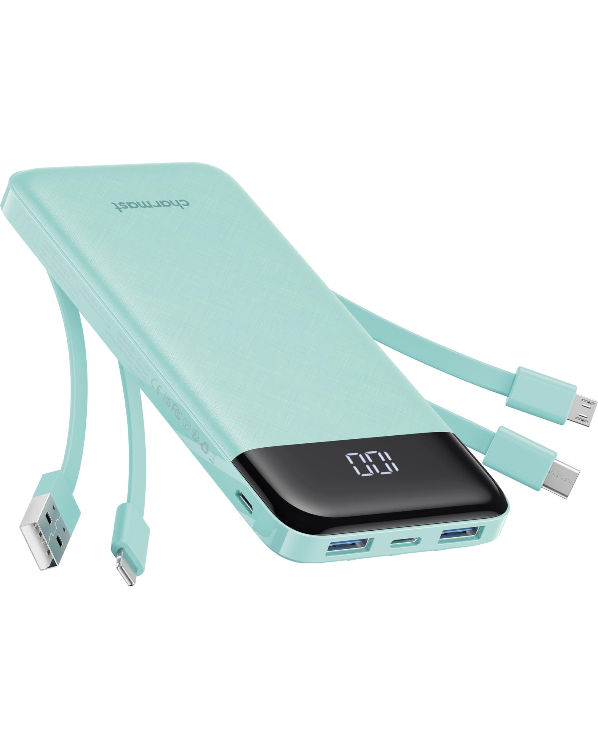 Charmast Batterie Externe 10000mAh avec 4 Câbles Intégrés Batterie Portable USB C Mince Power Bank avec 6 Sorties et 3 Entrées pour iPhone 12 13 11 Samsung S21 S22
